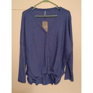 Iwollence Women's Size XL Waffle-Knit Long Sleeve Blue Cardigan Sweater